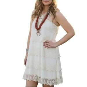 Rancho Women's Ivory Floral Tiered Lace Crochet Bib Mini Dress Size M